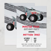 サメのモンスタートラックのタイヤ跡の誕生日パーティー 招待状 (正面/裏面)