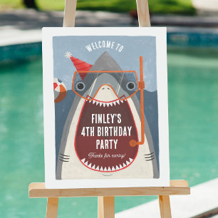 サメの夏プールパーティー 誕生日ウェルカムサイン ポスター