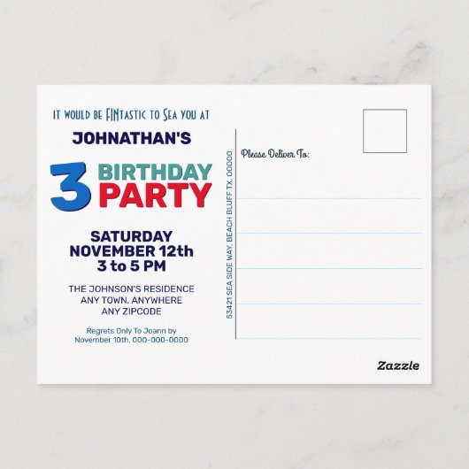 サメの子供の誕生日招待状 ポストカード (裏面)