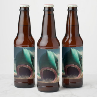 サメの彫刻がビーチ ビールラベル