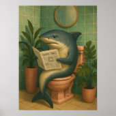 サメの新聞読み物バスルームウォールアート | トイレで新聞を読むサメ ポスター (正面)