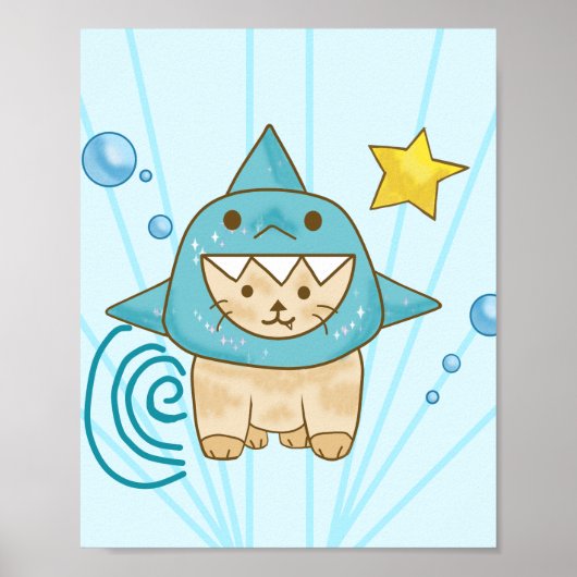 サメの格好をしたかわいいベージュの猫 水色の海をテーマにしたデザイン ポスター (正面)