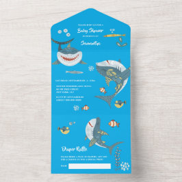 サメの水色海ブルー海面パーティー オールインワン招待状