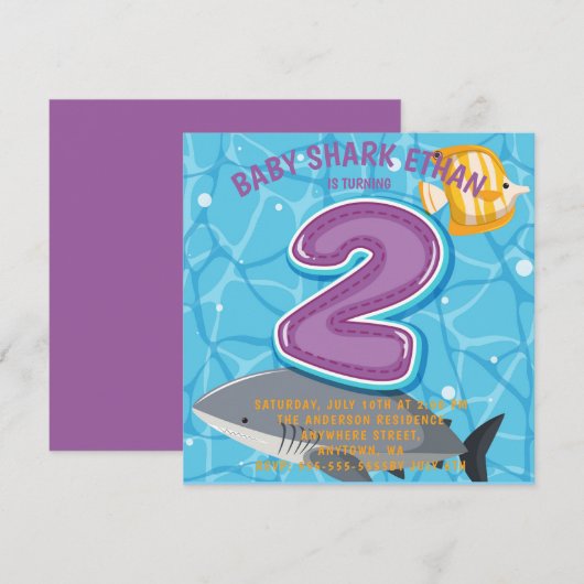 サメの海底2歳の誕生日パーティーの招待状 招待状 (正面/裏面)