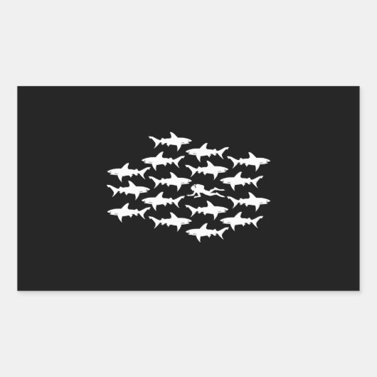 サメの群れと泳ぐスキューバダイバー 長方形シール (正面)