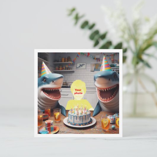 サメの誕生日パーティーで子供のサメの日 カード (スタンド正面)