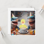 サメの誕生日パーティーで子供のサメの日 カード (正面/裏面インサイチュ)