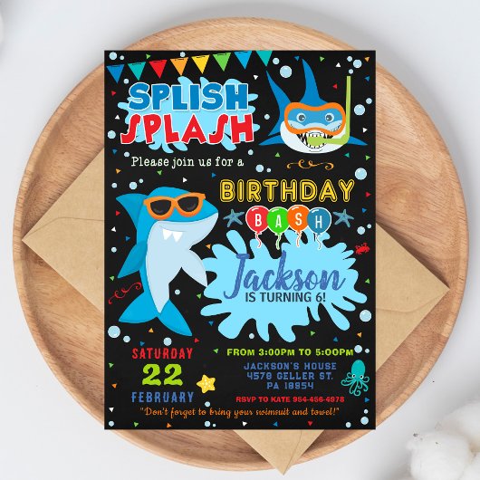 サメの誕生日パーティー招待状 スプラッシュ・パーティー 招待状