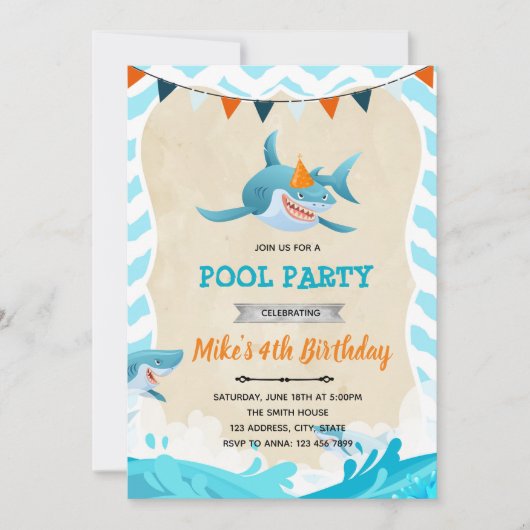 サメの誕生日パーティー招待状 招待状 (正面)