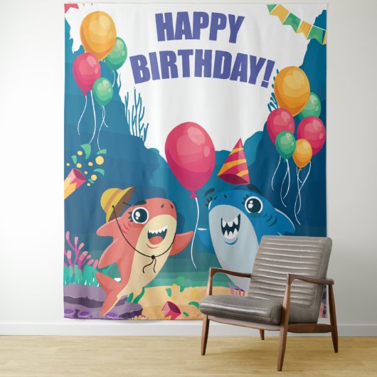 サメの誕生日パーティー背景写真バナー タペストリー (インサイチュ)