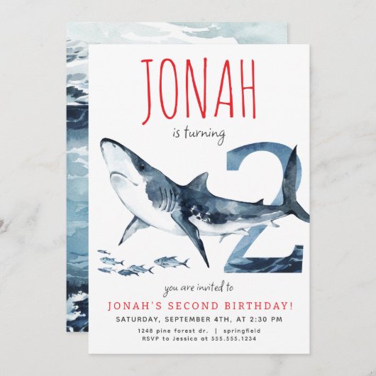 サメの2歳誕生日招待状 招待状 (正面/裏面)