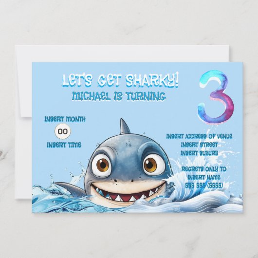 サメの3歳の誕生日招待状 | Let's Get Sharky 招待状 (正面)