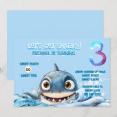 サメの3歳の誕生日招待状 | Let's Get Sharky 招待状 (正面/裏面)