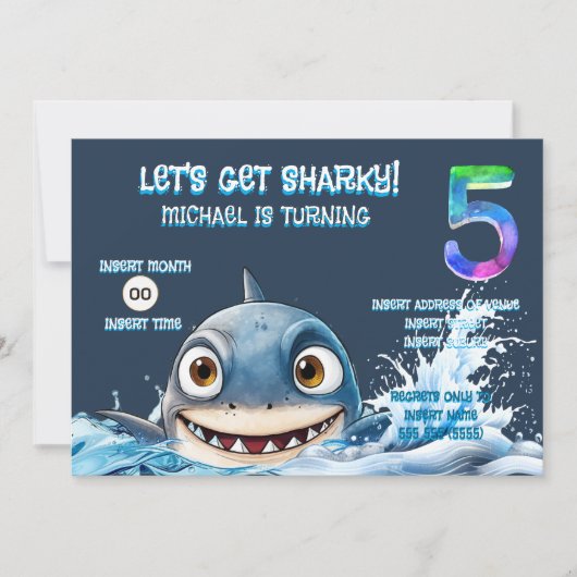 サメの5歳の誕生日招待状 | Let's Get Sharky 招待状 (正面)