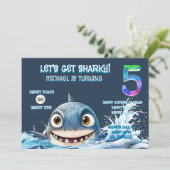 サメの5歳の誕生日招待状 | Let's Get Sharky 招待状 (スタンド正面)