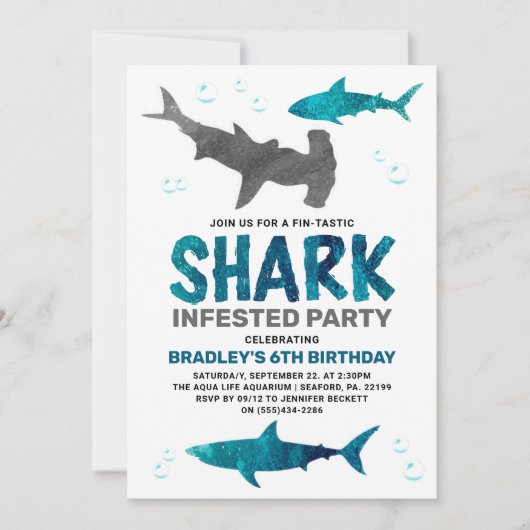 サメは年齢に関係なく誕生日パーティーを開催 招待状 (正面)