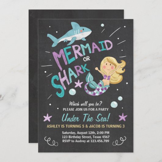 サメまたは人魚の誕生日の招待Joint Day 招待状 (正面/裏面)