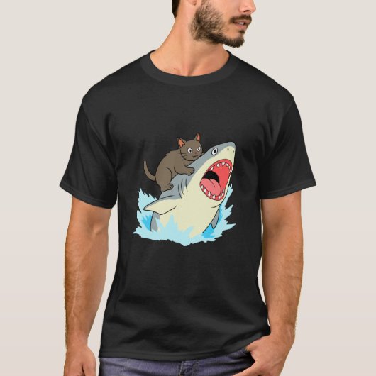 サメをかむ面白い猫 Tシャツ (正面)