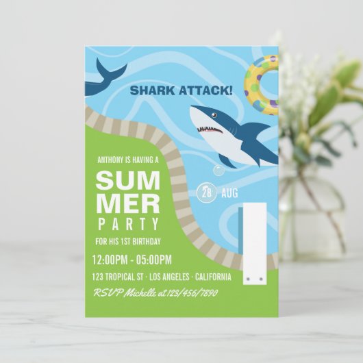 サメをテーマにしたサマープール誕生日パーティー 招待状 (スタンド正面)