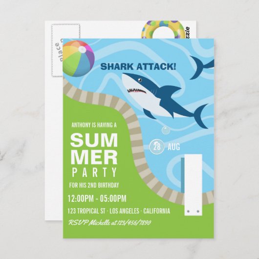 サメをテーマにした夏のプール誕生日パーティー ポストカード (正面/裏面)