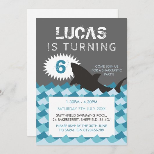 サメをテーマにした誕生日パーティーの招待状 招待状 (正面/裏面)