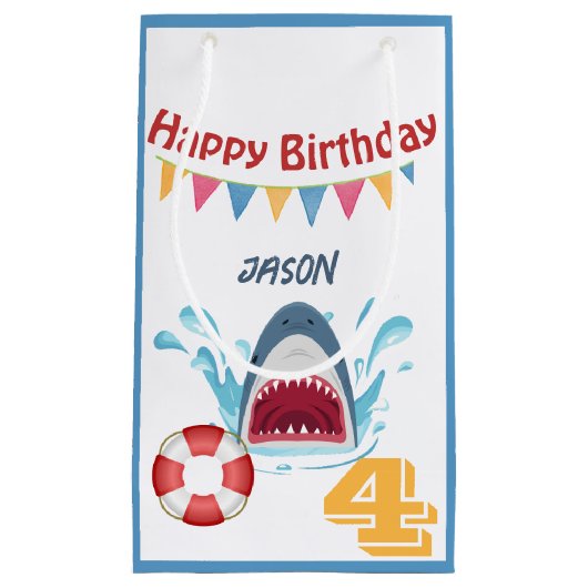 サメテーマハッピーバースデースモール抱き枕 子供へ スモールペーパーバッグ (正面)