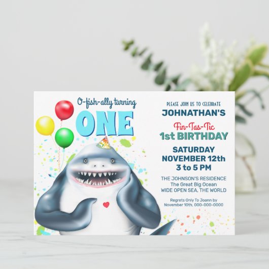サメテーマ子供の誕生日パーティー招待状 招待状 (スタンド正面)