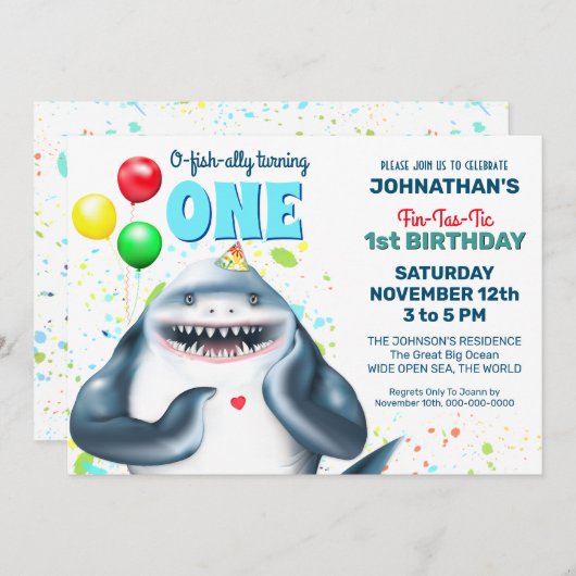 サメテーマ子供の誕生日パーティー招待状 招待状 (正面/裏面)