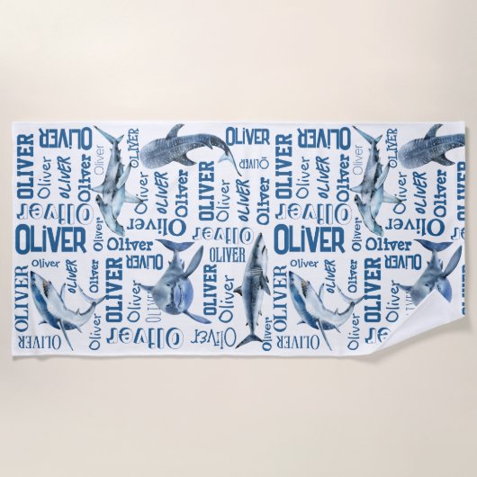 サメパーソナライズされたの襟を持つ少年の名前 ビーチタオル (正面)