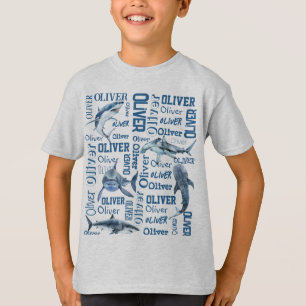 サメパーソナライズされたの襟を持つ少年の名前 Tシャツ