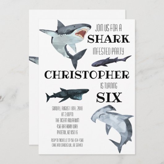 サメプールで泳ぐ誕生日パーティーの招待状 招待状 (正面/裏面)