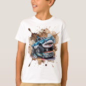 サメモンスタートラック 泥はね 男の子 誕生日  Tシャツ (正面)