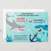 サメ兄弟姉妹少年の誕生日の招待。 招待状 (正面/裏面)