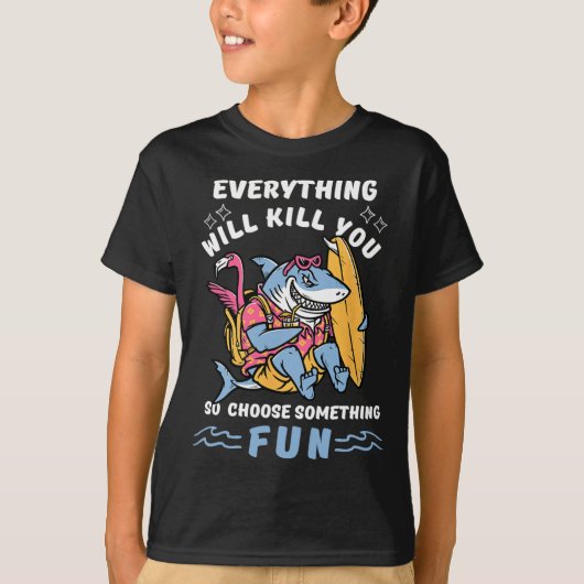 サメ好きのための面白いサーフィンアドベンチャーTシャツ 夏 Tシャツ (正面)