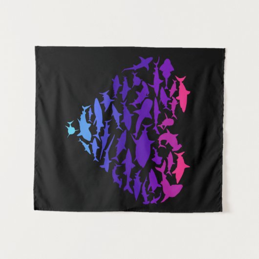 サメ好き海カラフル生のハート タペストリー (正面(横))