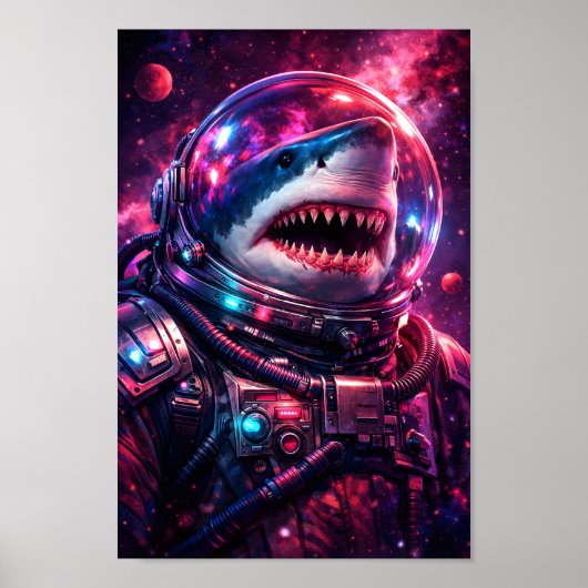 サメ宇宙飛行士スペーススーツSFアートポートレート ポスター (正面)