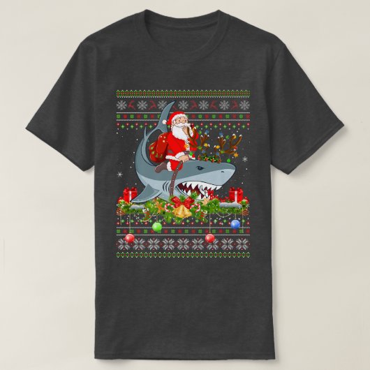 サメ恋人の醜いサンタ乗りサメのクリスマス Tシャツ (デザイン正面)