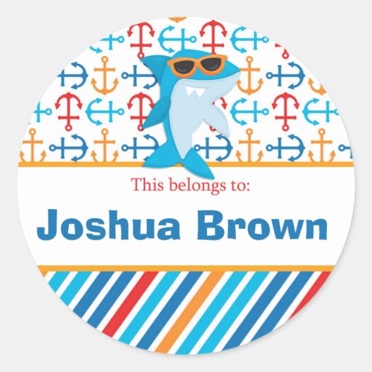 サメ新学期パーソナライズされたラウンドスティッカー ラウンドシール (正面)