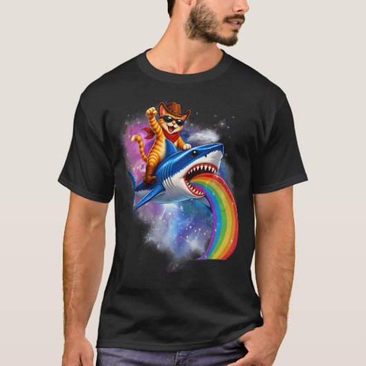 サメ猫のレインボーピザタコギャラクシー乗り物 Tシャツ (正面)