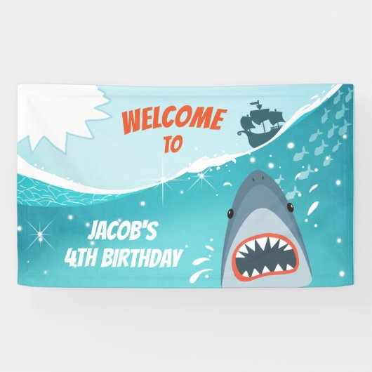 サメ誕生日バナープールパーティー少年海スプラッシュ 横断幕 (横)