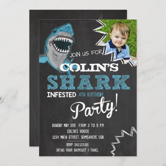 サメ誕生日パーティー 招待状 (正面/裏面)