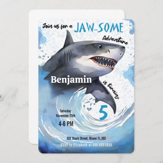サメ誕生日パーティー 招待状 (正面/裏面)
