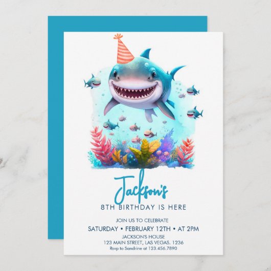 サメ誕生日パーティー 招待状 (正面/裏面)