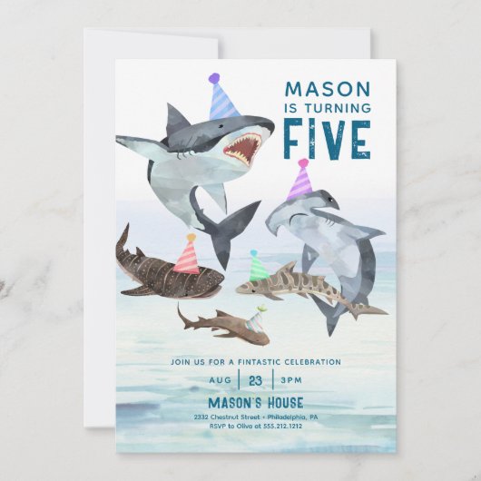 サメ誕生日招待状プールパーティー子供の誕生日 招待状 (正面)