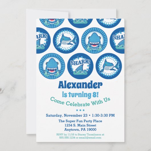 サメ誕生日招待状ボーイズシャークパーティー 招待状 (正面)