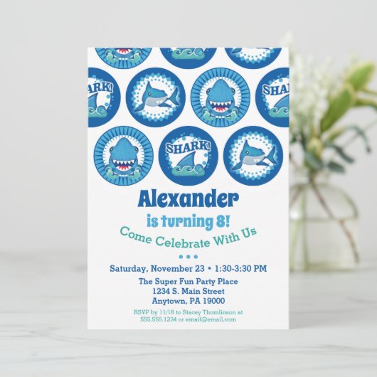 サメ誕生日招待状ボーイズシャークパーティー 招待状 (スタンド正面)