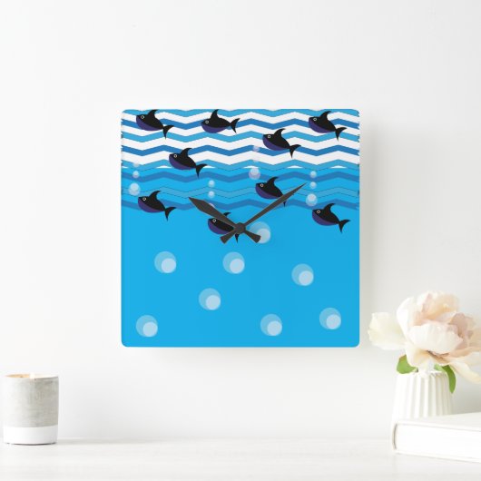 サメ青海魚キッズ スクエア壁時計 (ホーム)