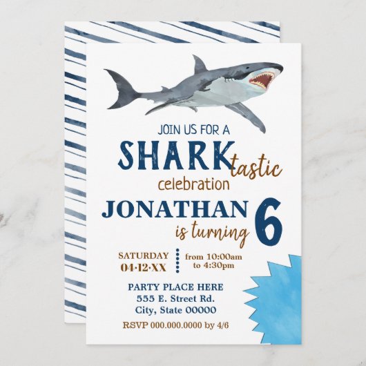 サメ風の誕生日パーティーのサメバッシュ 招待状 (正面/裏面)