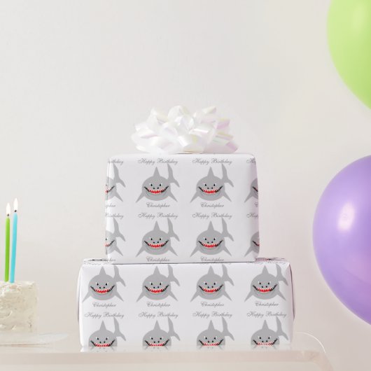 サメ 名前を入力して誕生日をお祝い ラッピングペーパー (パーティーギフト)