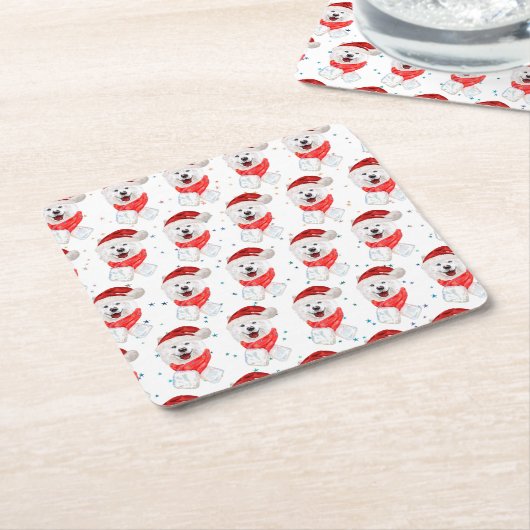 サモアイ犬がクリスマススターを育てる スクエアペーパーコースター (アングル)